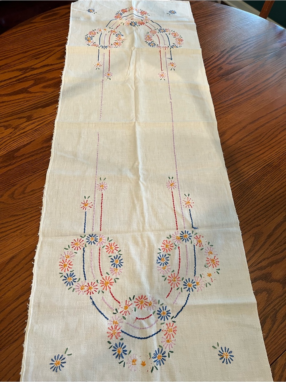 Vintage Hand Embroidered Floral Table Runner in Cream